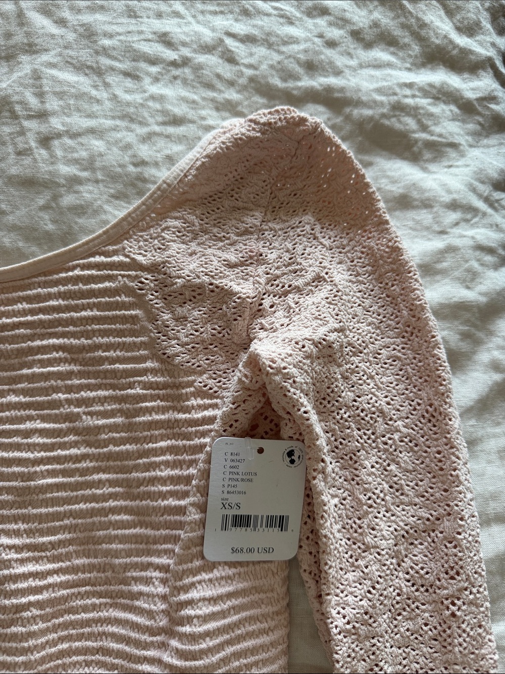 BRAND NEW Free People light Pink Ribbed Lace-Sleeve Bodysuit - Picture 2 of 5
